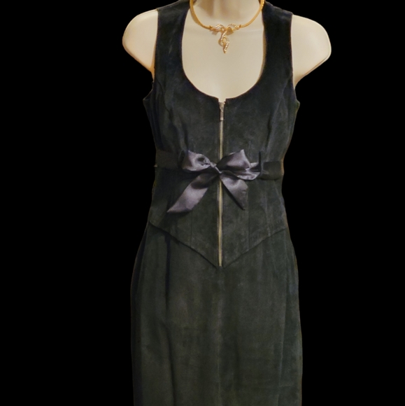 NWT Aldo 6 Suede Leather Dress Bodycon Black/Dark Purple with Satin Bow ab Waist - Picture 4 of 14